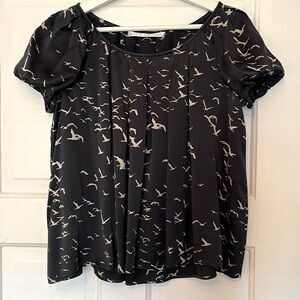 Ulla Johnson 100% silk top, black w/tan bird pattern